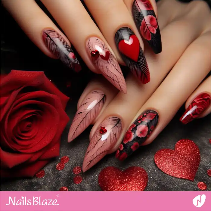 Valentine's Day Hearts and Flower Nails with Feather Pattern | Valentine Nails - NB2741